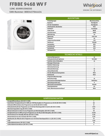 Whirlpool FFBBE 9468 WV F Washing machine NEL Data Sheet | Manualzz Whirlpool FFBBE 9468 WV F Washing machine NEL Data Sheet | Manualzz