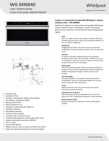 Whirlpool W6 MN840 Microwave Product Data Sheet Manualzz