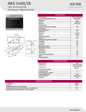 Ignis Aks Ix Oven Product Data Sheet Manualzz