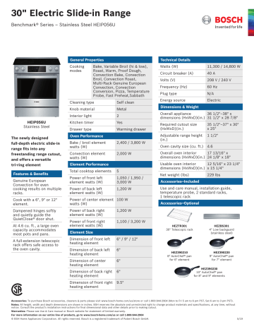 Bosch HEIP056U Benchmark 30-in Smooth Surface 5 Elements 4.6-cu ft Self-Cleaning Convection Oven Slide-In Electric Range Dimensions Guide | Manualzz Bosch HEIP056U Benchmark 30-in Smooth Surface 5 Elements 4.6-cu ft Self-Cleaning Convection Oven Slide-In Electric Range Dimensions Guide | Manualzz