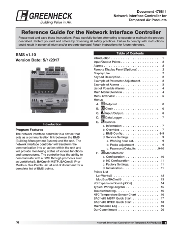 Greenheck 476811 Network Interface BMS v1.10 April 2013 Manual | Manualzz