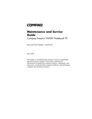 Compaq V6000 Laptop Maintenance and Service Guide | Manualzz Compaq V6000 Laptop Maintenance and Service Guide | Manualzz