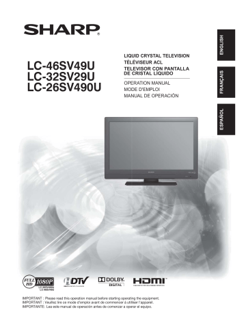 Sharp LC-46SV49U Flat Panel Television User manual | Manualzz Sharp LC-46SV49U Flat Panel Television User manual | Manualzz