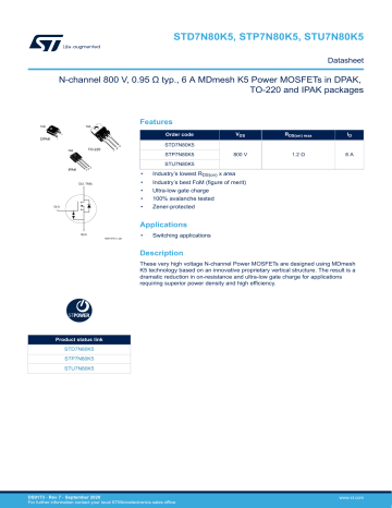 STMicroelectronics STP7N80K5 Datasheet Manualzz