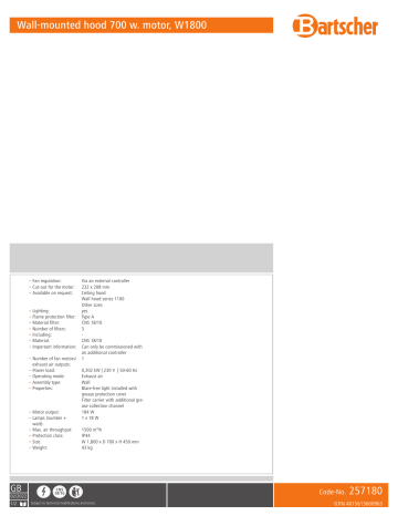 Bartscher 257180 Wall-mounted hood 700 w. motor, W1800 Data sheet | Manualzz Bartscher 257180 Wall-mounted hood 700 w. motor, W1800 Data sheet | Manualzz