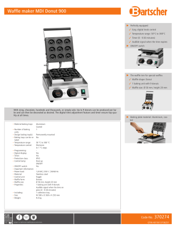 Bartscher 370274 Waffle maker MDI Donut 900 Data sheet | Manualzz Bartscher 370274 Waffle maker MDI Donut 900 Data sheet | Manualzz