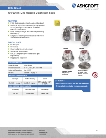 Ashcroft 106 In Line Flanged Diaphragm Seal 数据表 Manualzz