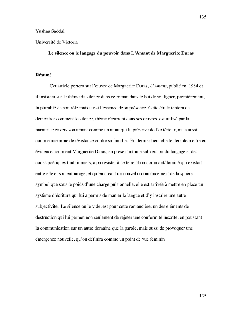 Le Silence Ou Le Langage Du Pouvoir Dans L Amant De Marguerite Duras Manualzz