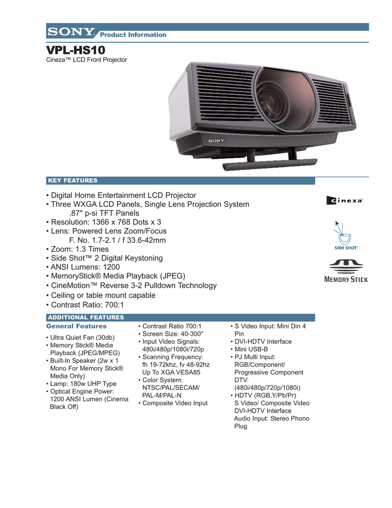 Sony Vpl Hs10 Sheet Manualzz Com
