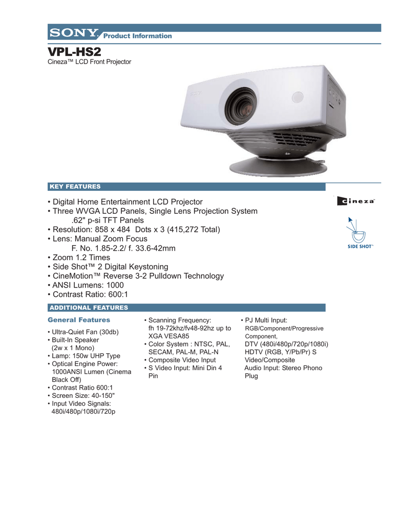 Sony Vpl Hs2 Sheet Manualzz Com