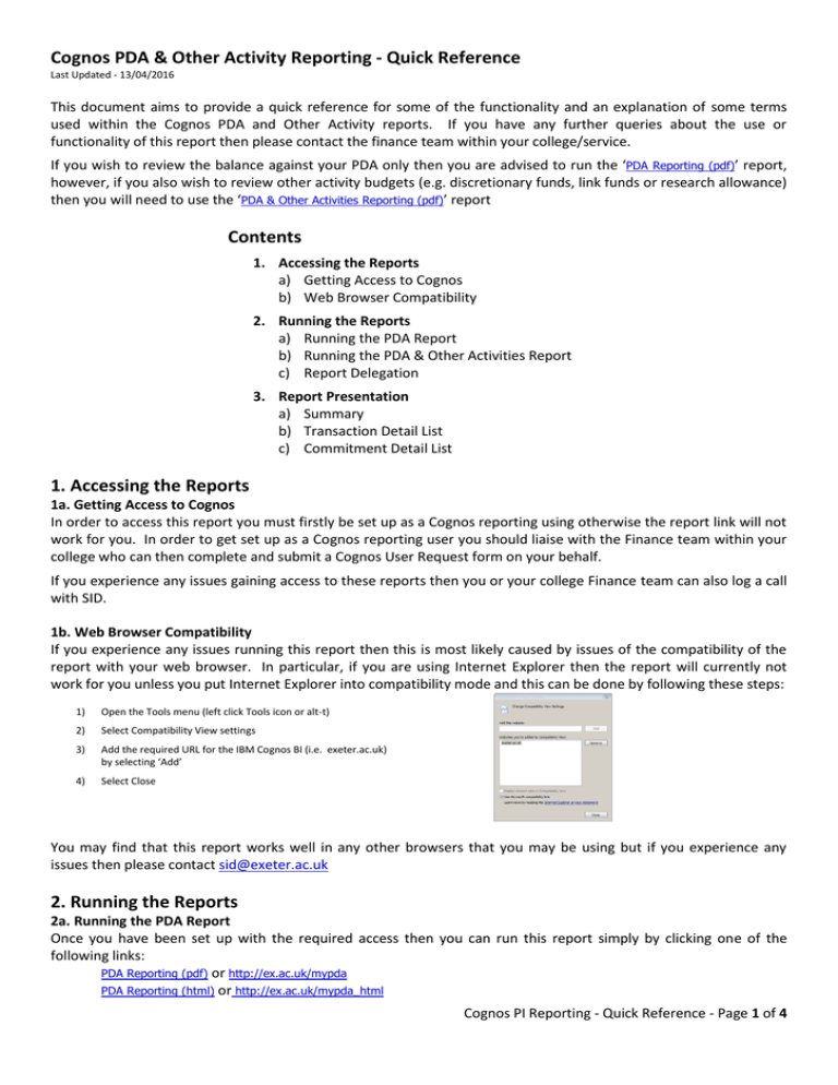 Cognos Pda Other Activity Reporting Quick Reference Manualzz