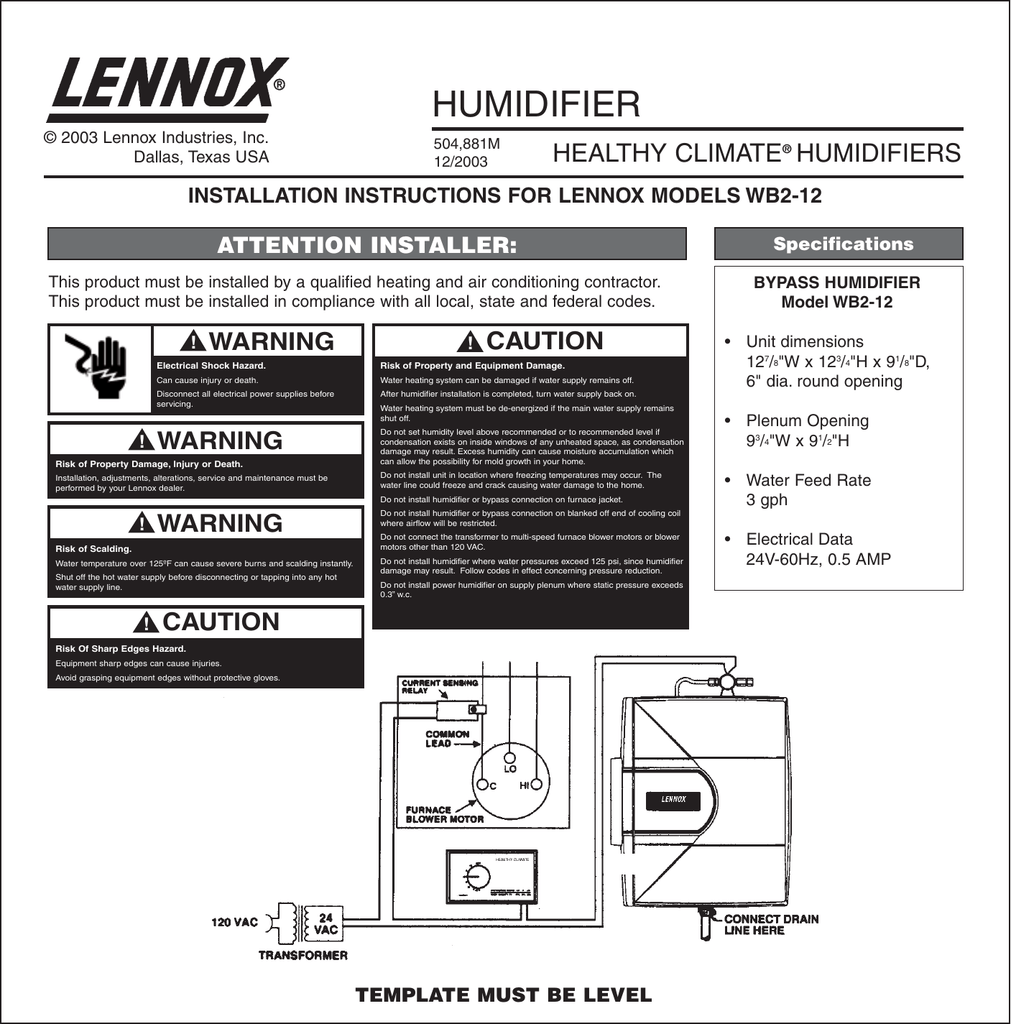 Click Here for the Lennox WB212 Humidifier Installation Guide Manualzz