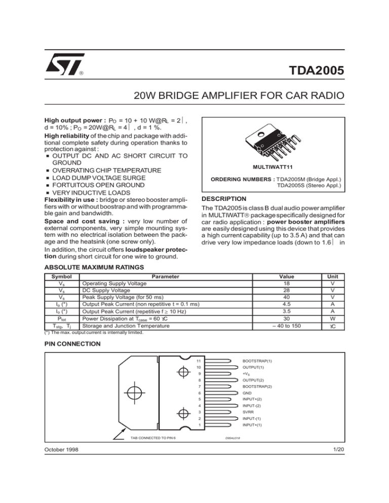 Datasheet For Audio Amplifier St Ic 11 Pin Zip Hs Tda05r Manualzz