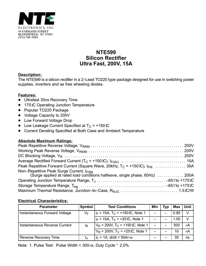 200V TO-220 15 Amp Current Rating Ultra Fast NTE Electronics NTE599 Silicon Rectifier Diode 35ns Reverse Recovery Time 200V TO-220 15 Amp Current Rating Ultra Fast NTE Electronics NTE599 Silicon Rectifier Diode 35ns Reverse Recovery Time