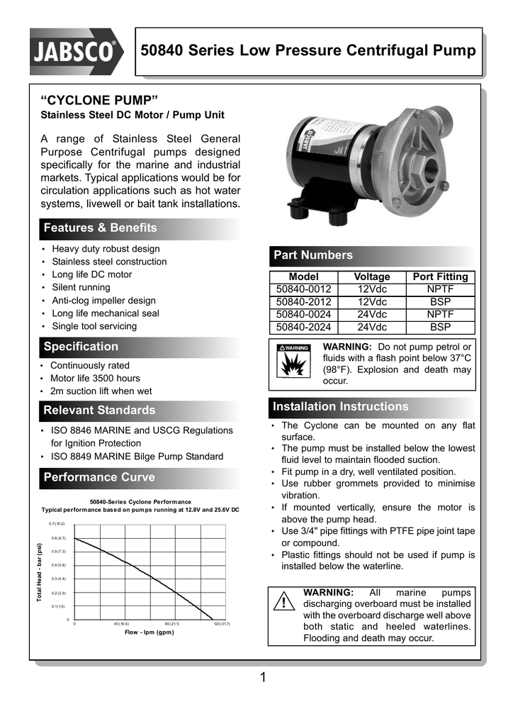JABSCO Low Pressure Cyclon Centrifugal Pump 50840-0012 for sale online 