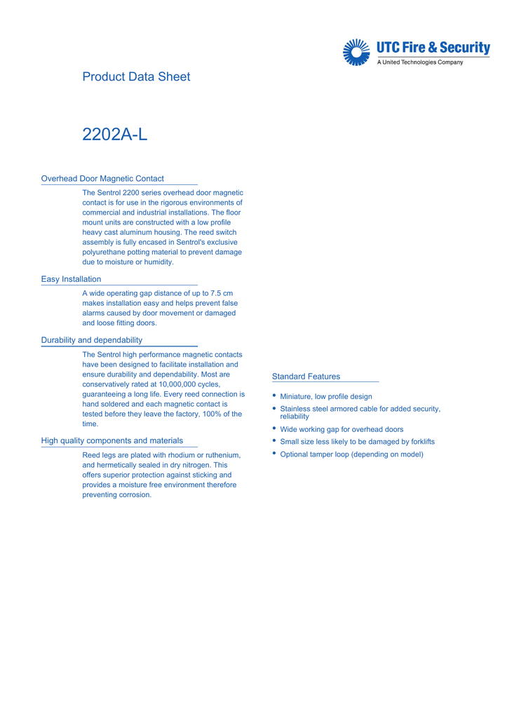 2202a L Product Data Sheet Overhead Door Magnetic Contact