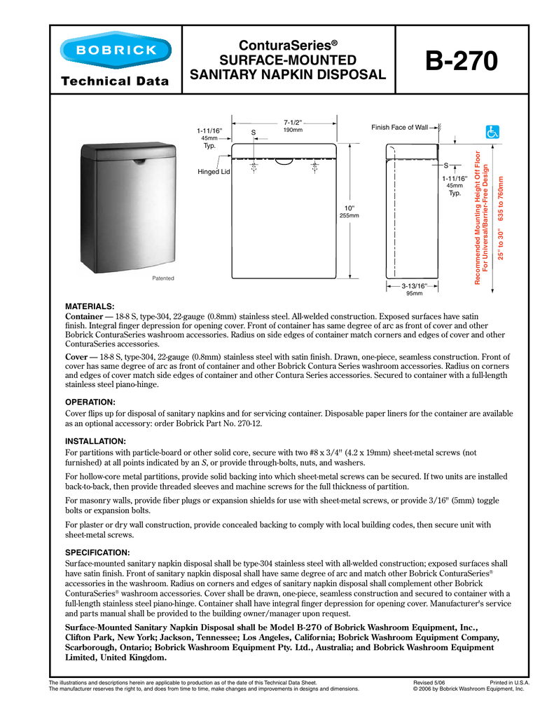 B 270 Conturaseries Surface Mounted Sanitary Napkin Disposal Manualzz