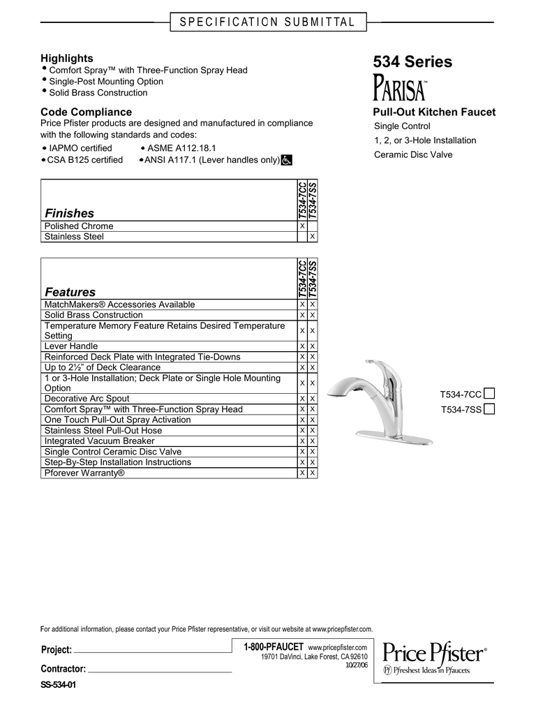 534 Series Highlights Pull Out Kitchen Faucet Manualzz Com
