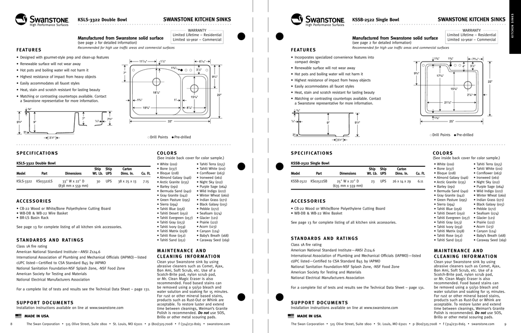 Swanstone Kitchen Sinks Ksls 3322 Double Bowl Kssb 2522 Single