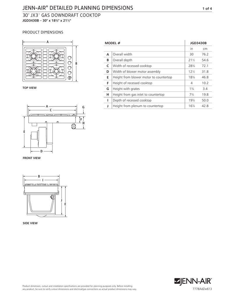 Jenn Air Detailed Planning Dimensions 30 34 Jx3 Gas Downdraft