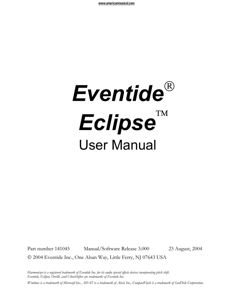 Eventide Eclipse V4 Harmonizer Processor Manual | Manualzz