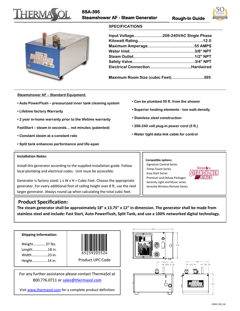 Specification Sheet for ThermaSol SSA-395 | Manualzz