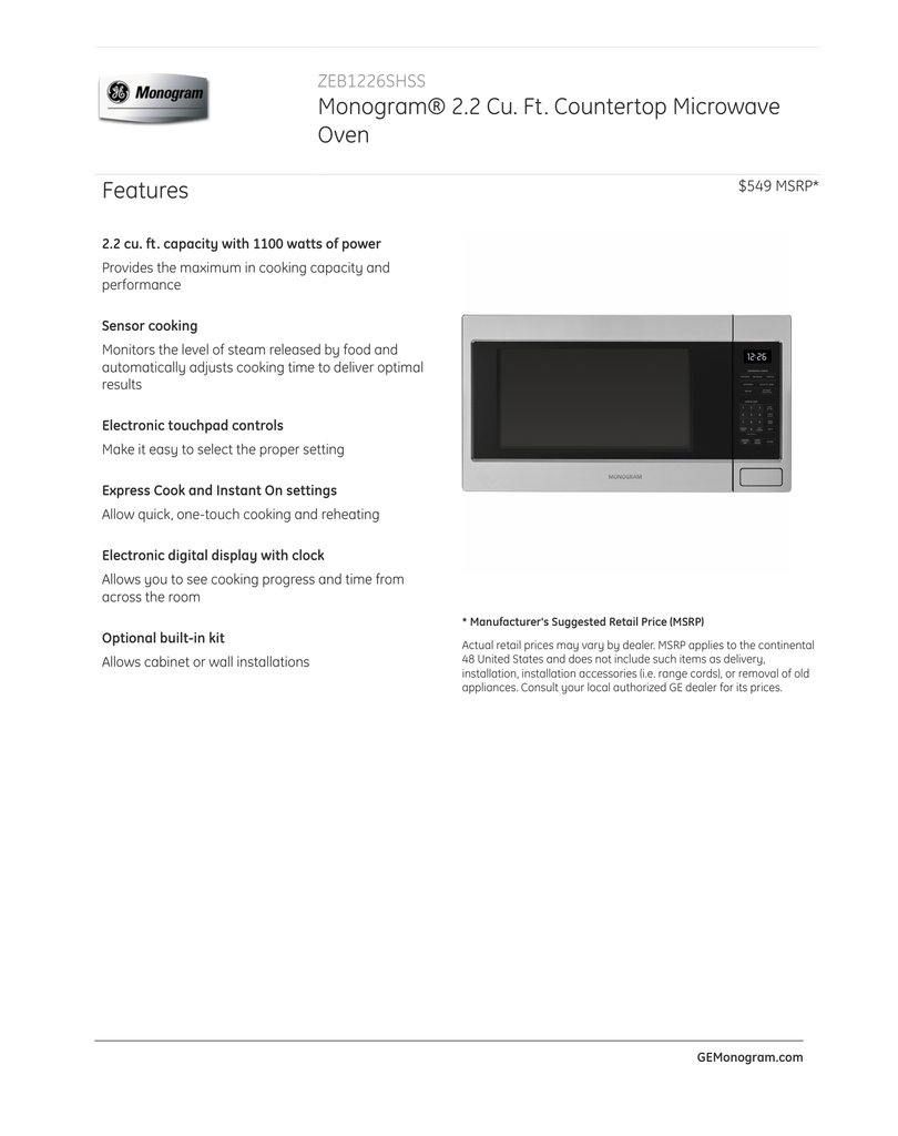 Monogram 2 2 Cu Ft Countertop Microwave Oven Features