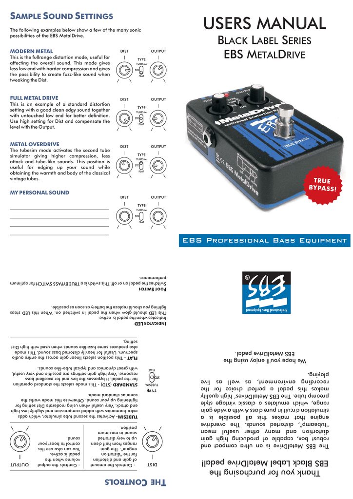 Ebs Metal Drive Ii Effects Pedal For Electric Guitar And Electric Bass Owner S Manual Manualzz