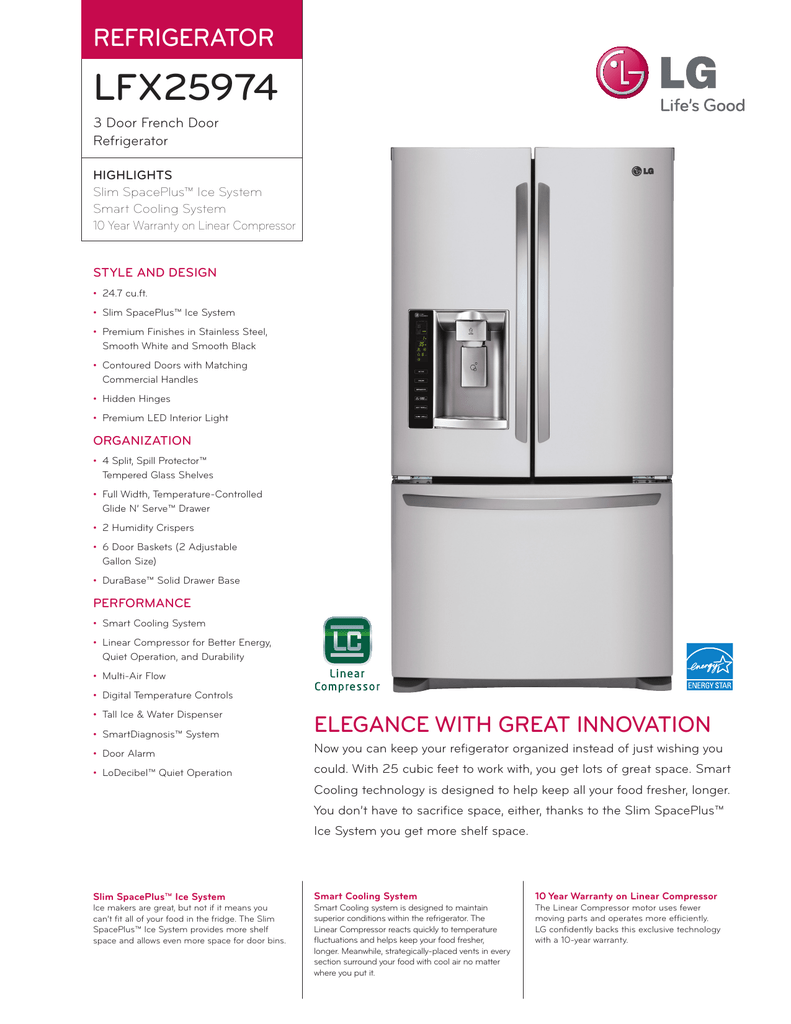 Lfx25974 Refrigerator 3 Door French Door Refrigerator Manualzz Com