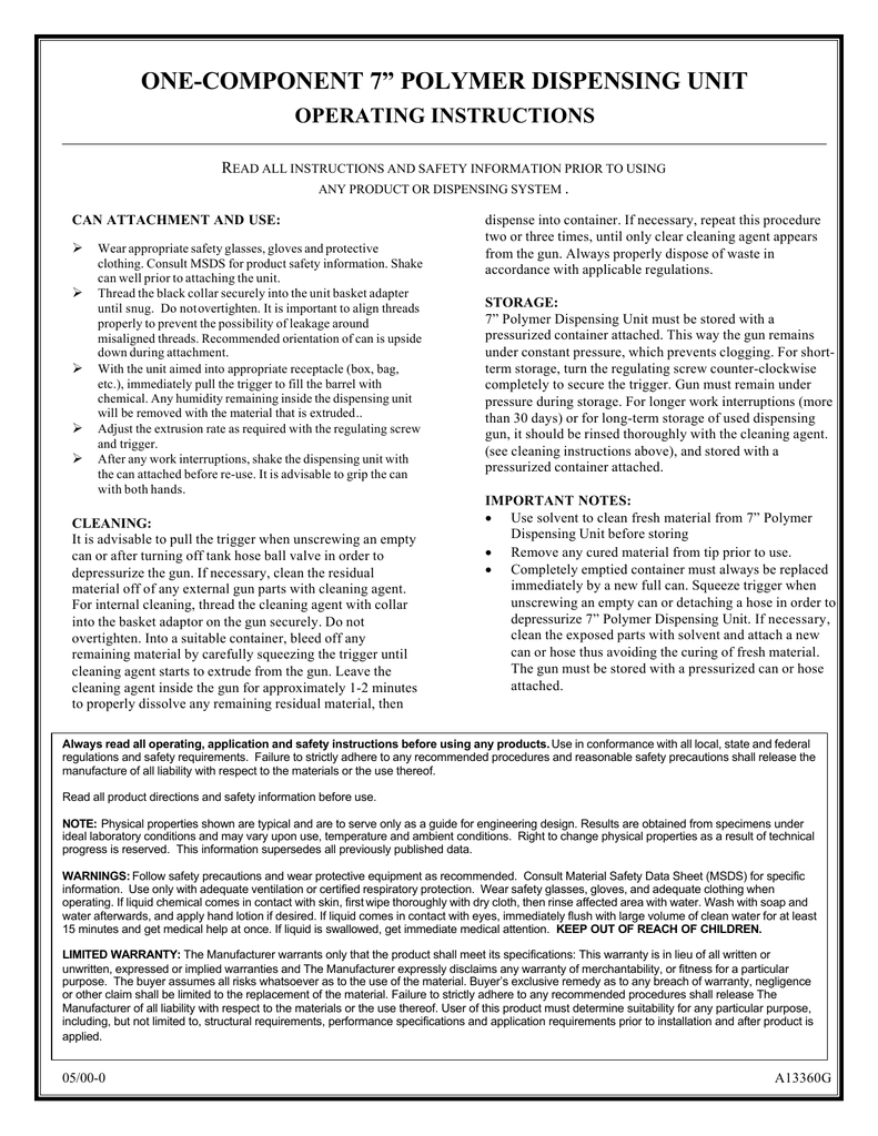 One Component 7 Polymer Dispensing Unit Operating Instructions R Manualzz