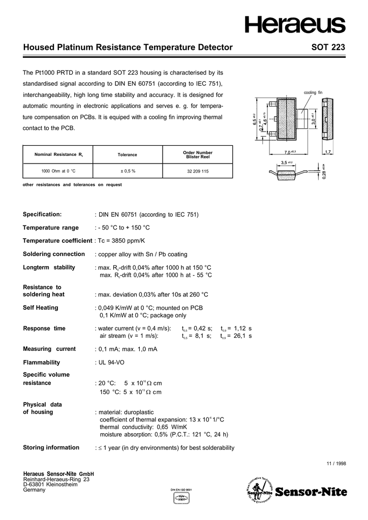 Heraeus Sot223 Pt1000 0 5 76 6 65 Manualzz