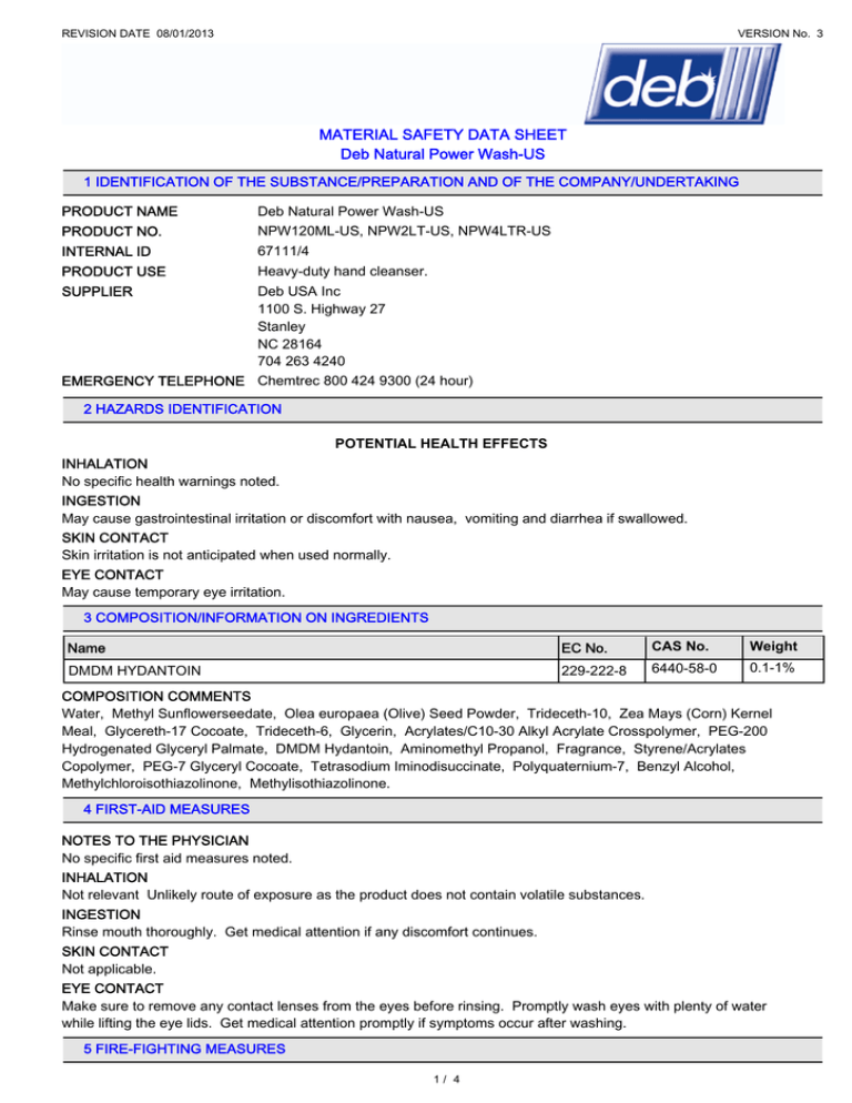 Material Safety Data Sheet Deb Natural Power Wash Us Manualzz