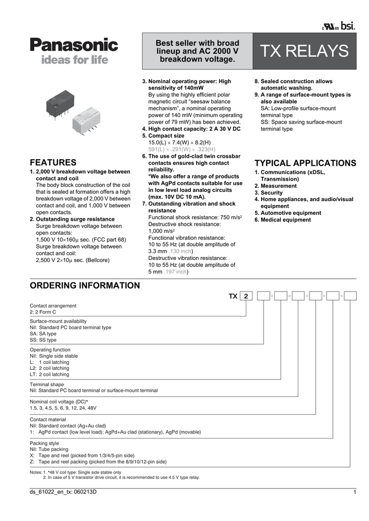 Panasonic TS2SA-LT-5V-Z DPDT latching.pdf | Manualzz