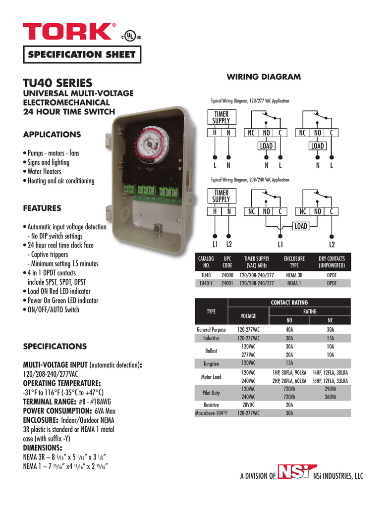 Nsi Tork Electromechanical Timer Model Tu40 Spec Sheet Manualzz