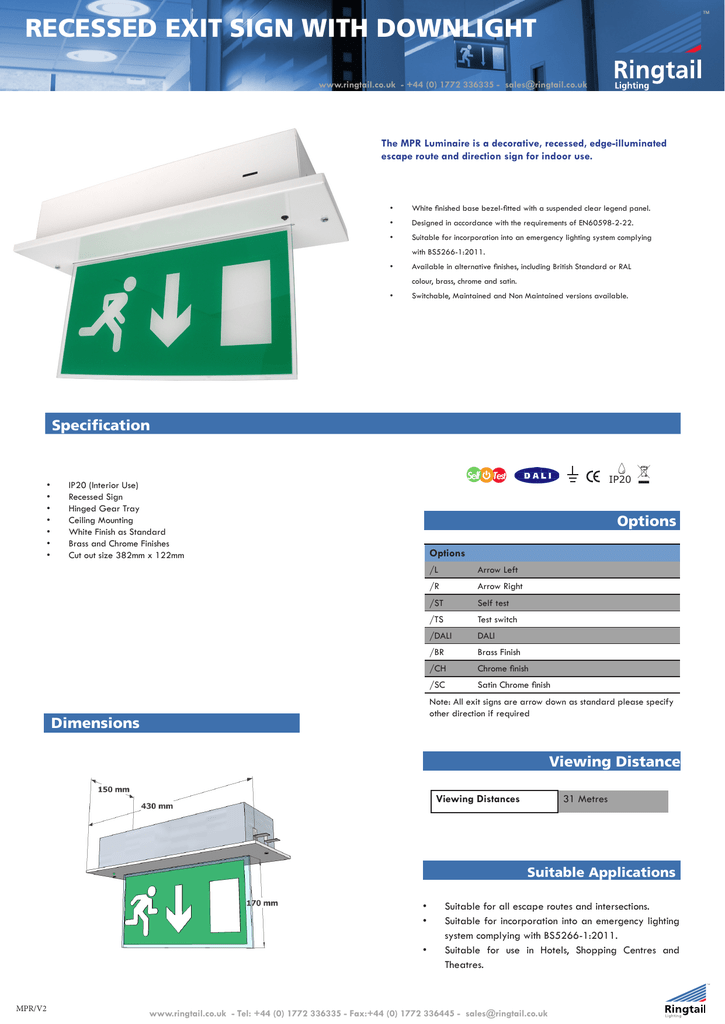 Mpr Recessed Fire Exit Sign Datasheet Manualzz Com