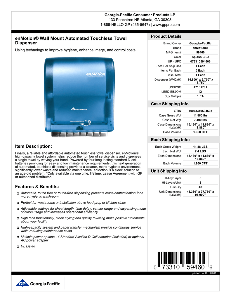 Enmotion Wall Mount Automated Touchless Towel Dispenser Product Details Manualzz