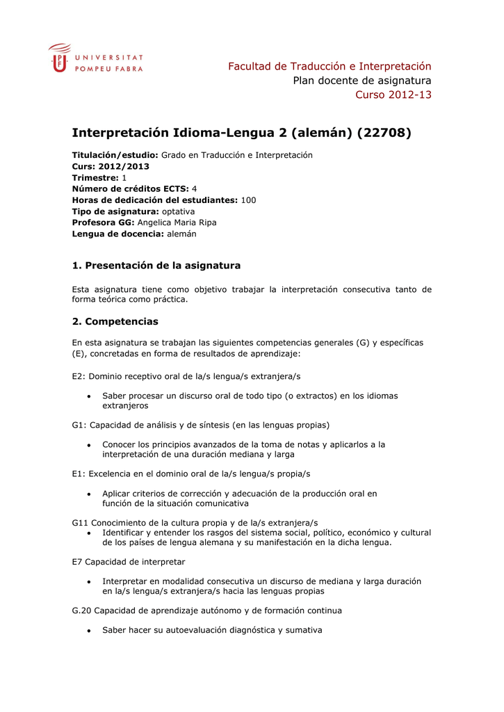 Interpretacion Idioma Lengua 2 Aleman Plan Docente De Asignatura Manualzz