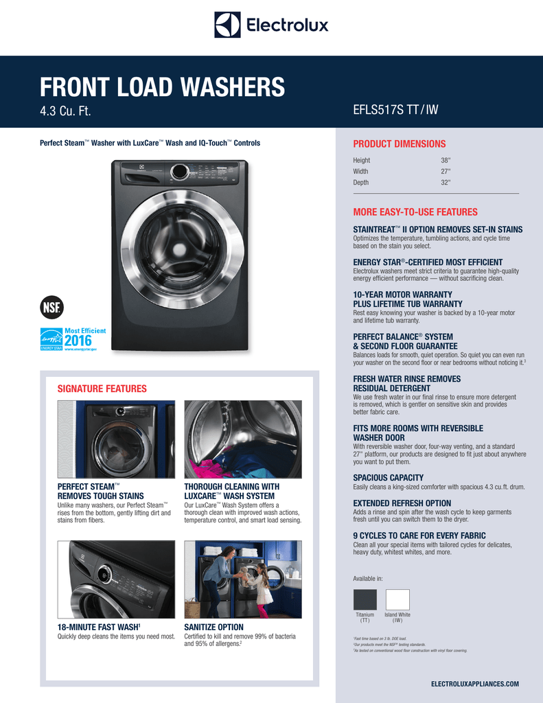 FRONT LOAD WASHERS EFLS517S TT / IW 4.3 Cu. Ft. PRODUCT DIMENSIONS Manualzz