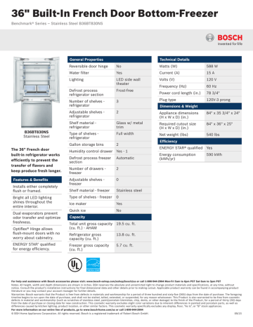 Bosch B36BT830NS Benchmark® 35-3/4 in. 13.8 cu. ft. French Door Bottom Mount Freezer Refrigerator Specification | Manualzz