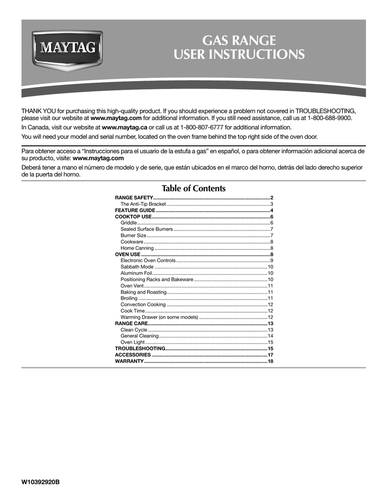 GAS RANGE USER INSTRUCTIONS Manualzz