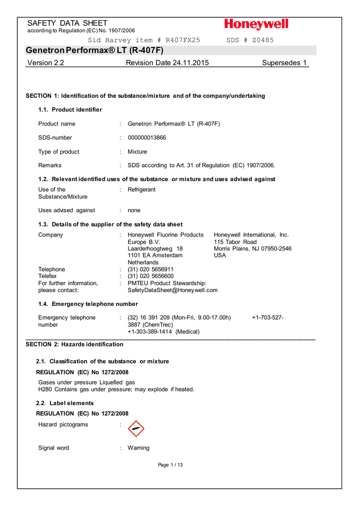 Genetron Performax Lt R 407f Safety Data Sheet Version 2 Manualzz Genetron Performax Lt R 407f Safety Data Sheet Version 2 Manualzz