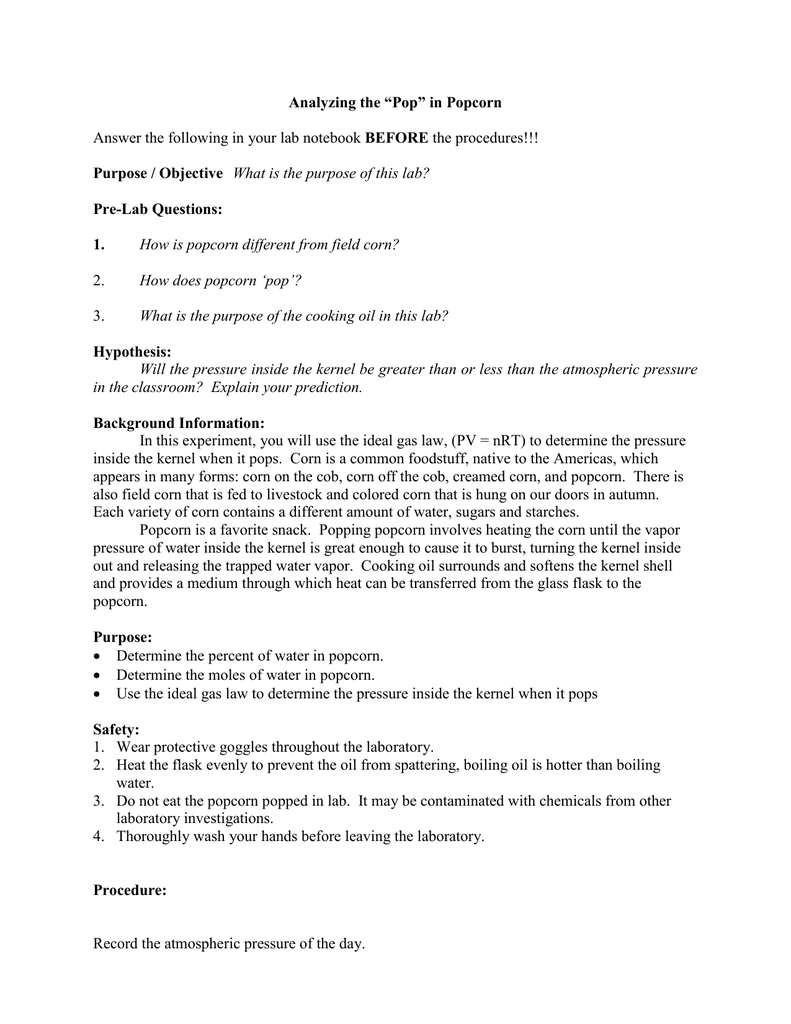 Analyzing The Pop In Popcorn Purpose Objective Pre Lab Questions Manualzz