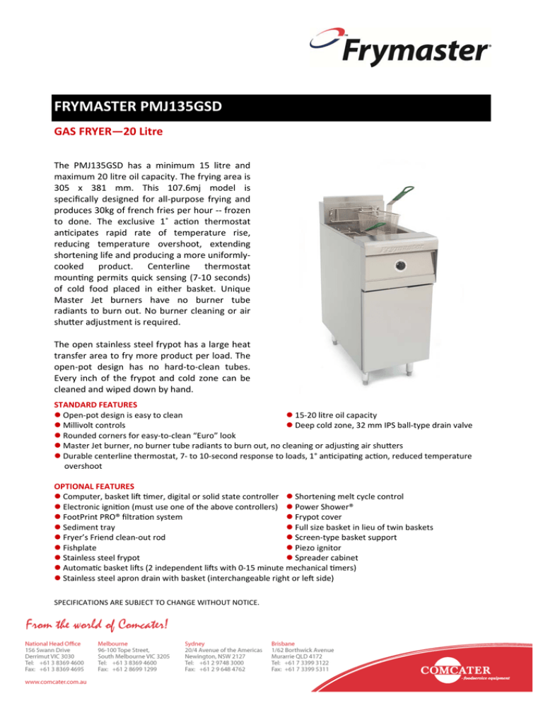 FRYMASTER PMJ135GSD GAS FRYER—20 Litre Manualzz