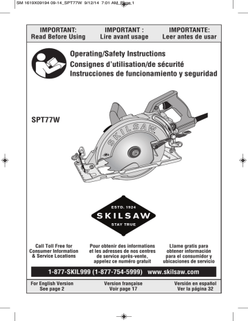 SKILSAW SPT77W-01 7-1/4-in Worm Drive Corded Circular Saw Use and care guide | Manualzz