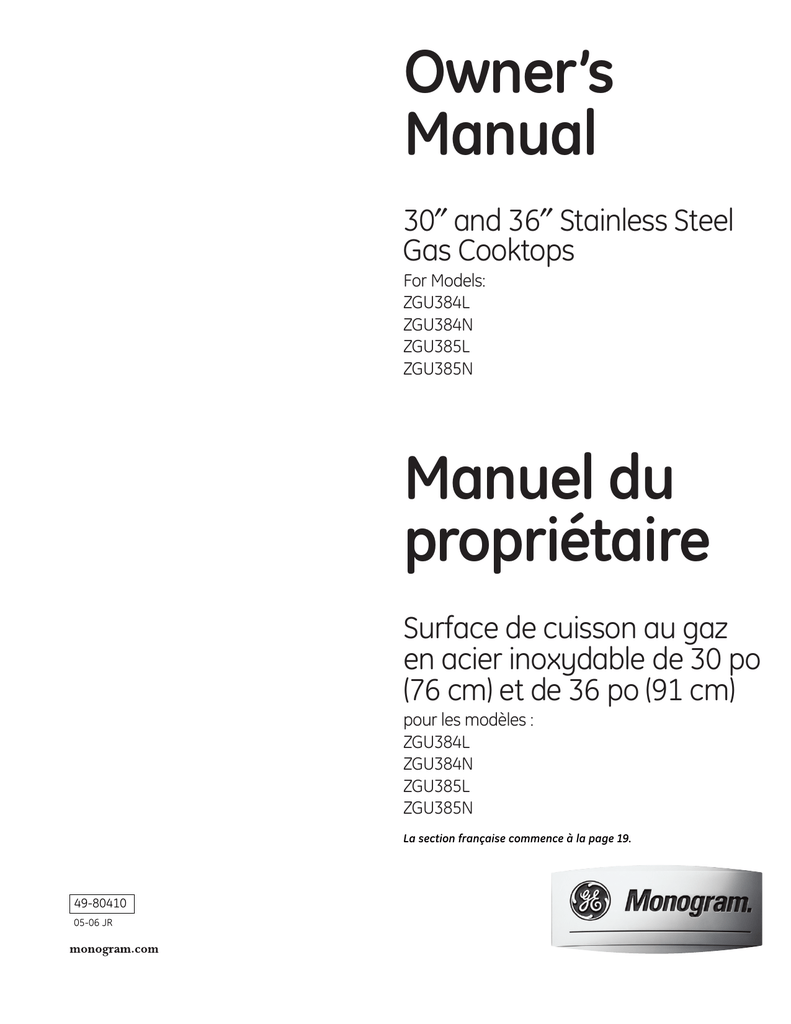 GE Monogram ZGU384L Cooktop manual Manualzz