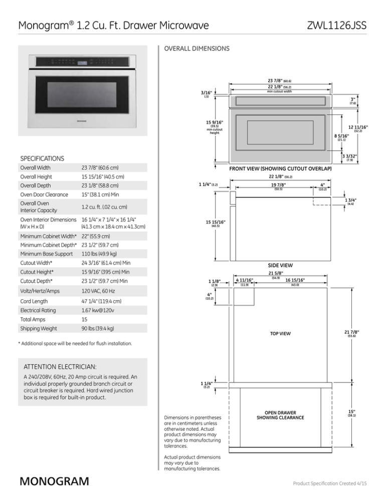 Monogram 1.2 Cu. Ft. Drawer Microwave ZWL1126JSS OVERALL DIMENSIONS