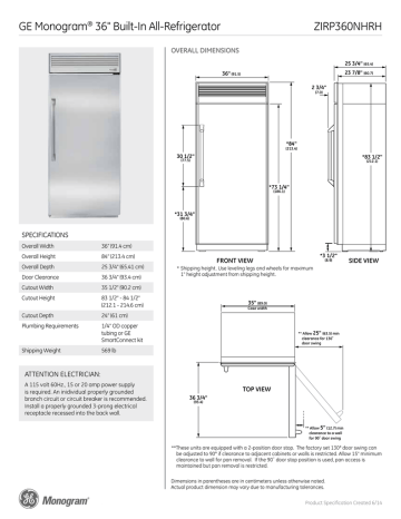 Zirp360nhrh Ge Monogram 36 34 Built In All Refrigerator Overall Dimensions Manualzz