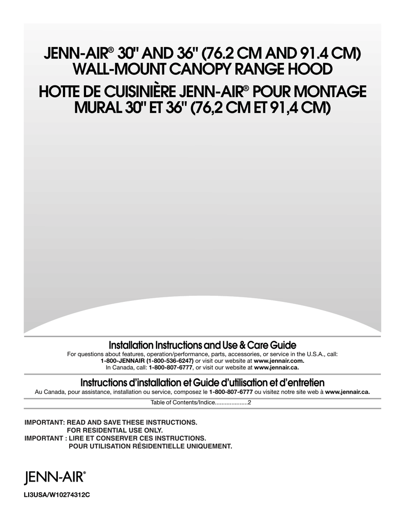 JennAir 36" Installation Instructions And Use & Care Manual Manualzz