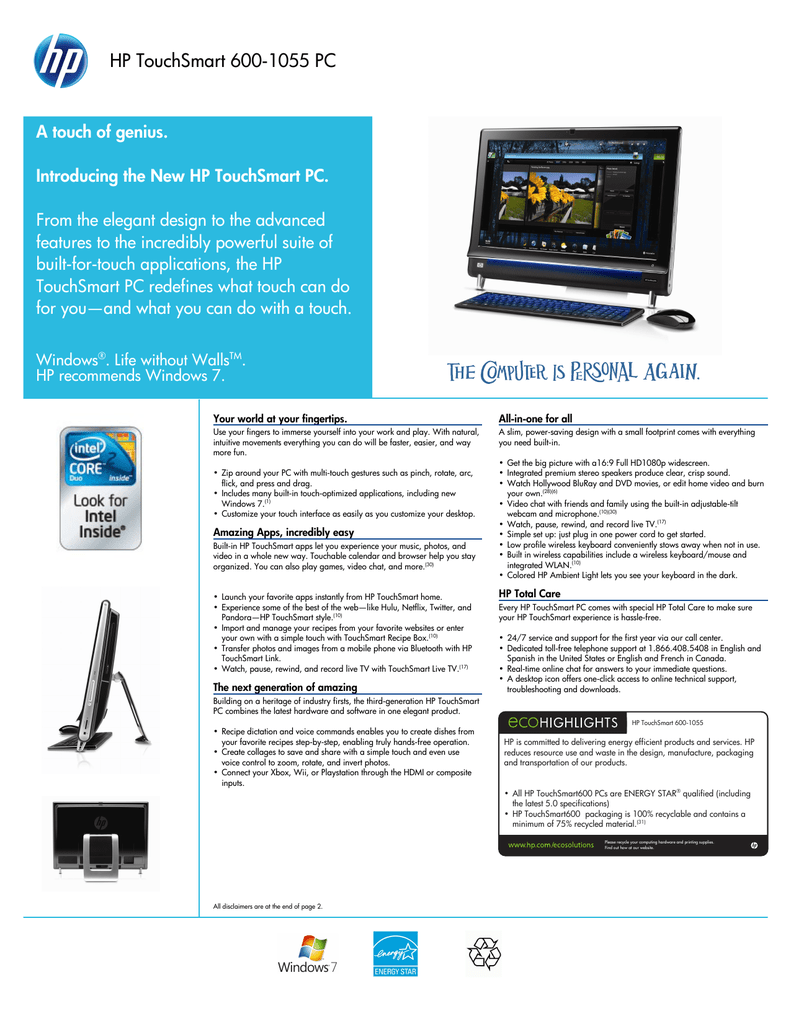Hp Touchsmart 600 1055 Pc Manualzz
