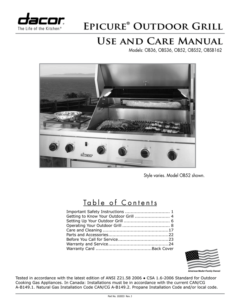 Dacor OB36NG Bbq And Gas Grill Owner's Manual Manualzz